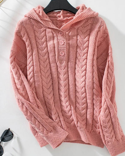 Women’s Knitted Top – Relaxed Fit – Cable Knit – Henley Neck – Long Sleeve