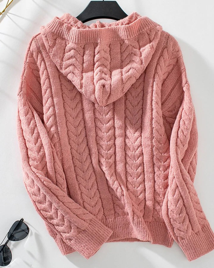 Women’s Knitted Top – Relaxed Fit – Cable Knit – Henley Neck – Long Sleeve