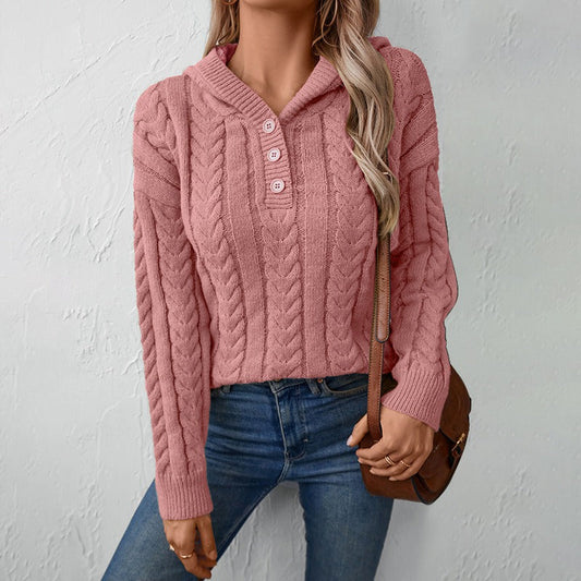 Women’s Knitted Top – Relaxed Fit – Cable Knit – Henley Neck – Long Sleeve