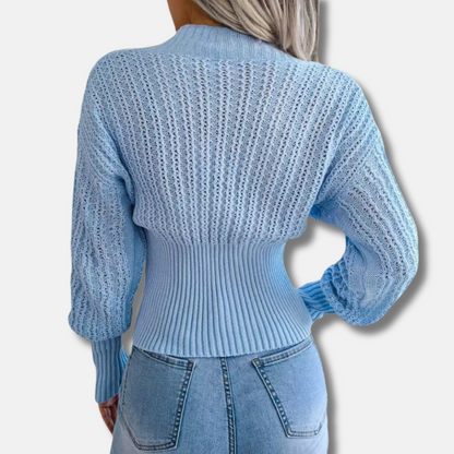 Women’s Knitted Top – Slim Fit Ribbed Waist – Deep V-Neck – Open Knit Sleeves
