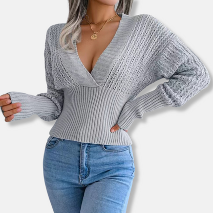 Women’s Knitted Top – Slim Fit Ribbed Waist – Deep V-Neck – Open Knit Sleeves