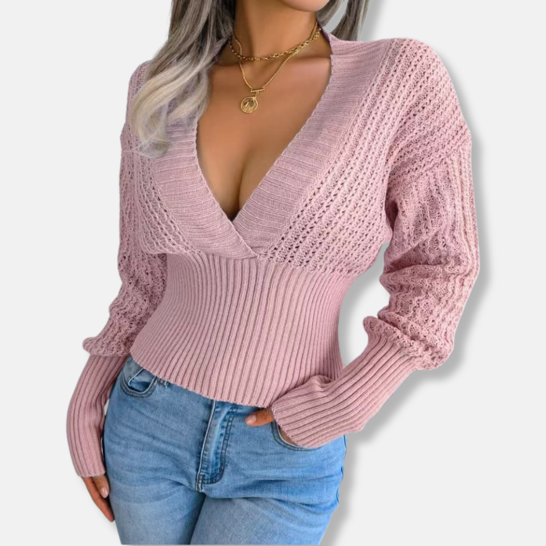 Women’s Knitted Top – Slim Fit Ribbed Waist – Deep V-Neck – Open Knit Sleeves