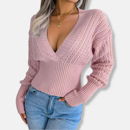 Women’s Knitted Top – Slim Fit Ribbed Waist – Deep V-Neck – Open Knit Sleeves