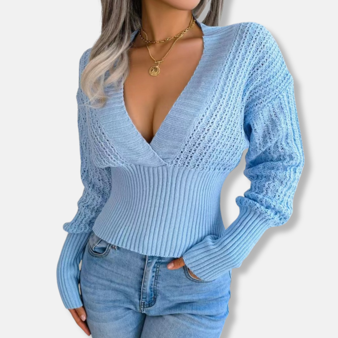 Women’s Knitted Top – Slim Fit Ribbed Waist – Deep V-Neck – Open Knit Sleeves