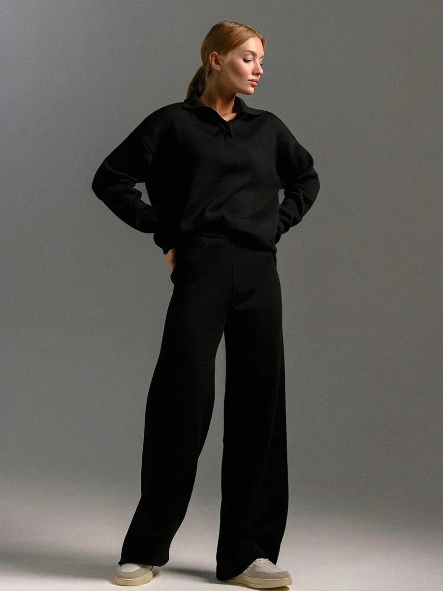 Women’s Knitted Two-Piece Set – Polo Neck Sweater – High-Waisted Wide Leg Trousers
