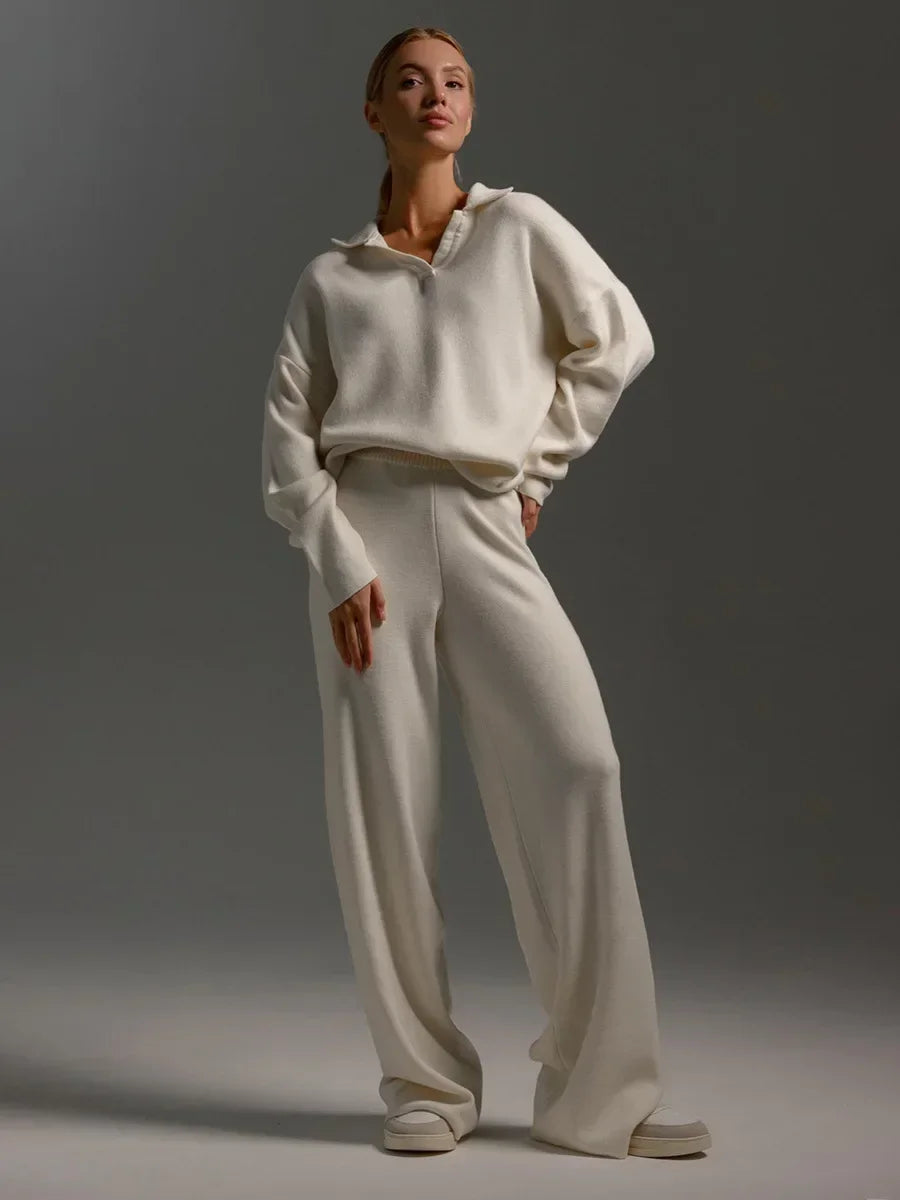 Women’s Knitted Two-Piece Set – Polo Neck Sweater – High-Waisted Wide Leg Trousers