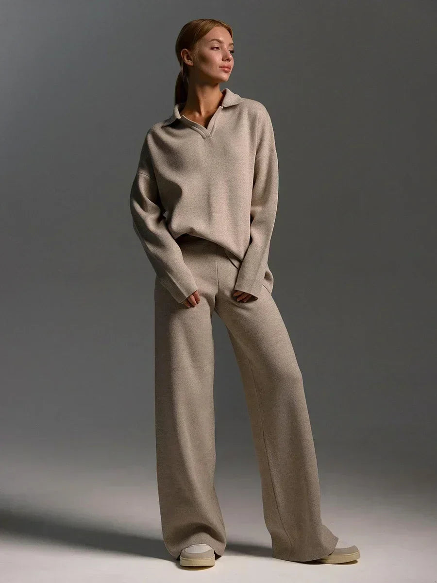 Women’s Knitted Two-Piece Set – Polo Neck Sweater – High-Waisted Wide Leg Trousers