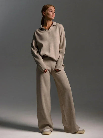 Women’s Knitted Two-Piece Set – Polo Neck Sweater – High-Waisted Wide Leg Trousers