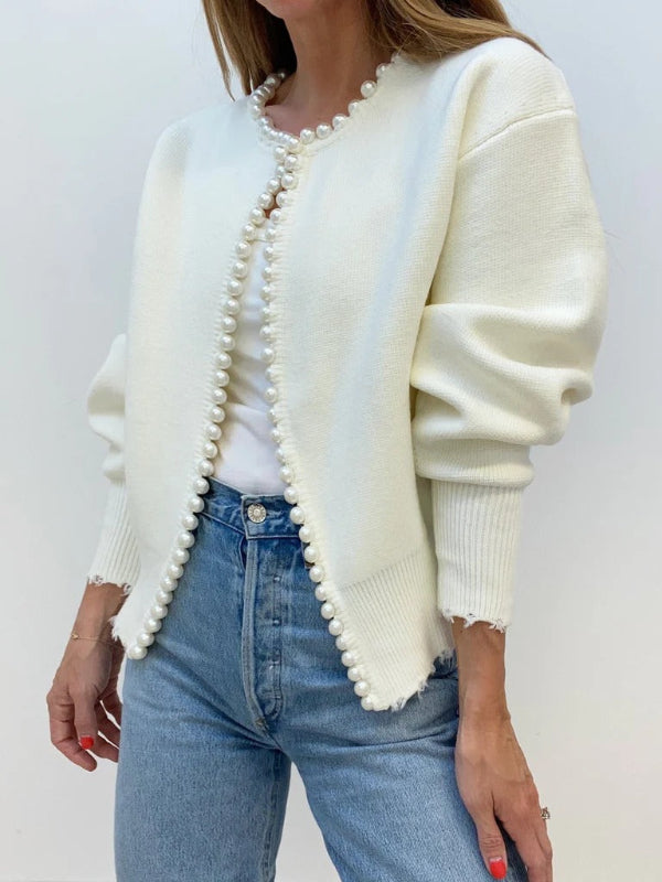 Women’s Knitted Vest – Relaxed Fit – Pearl Trim – Raw Hem – Open Front Layering