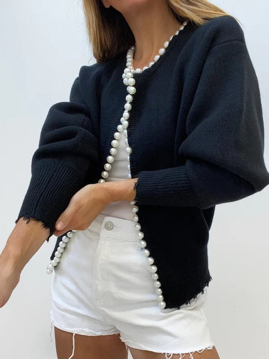 Women’s Knitted Vest – Relaxed Fit – Pearl Trim – Raw Hem – Open Front Layering