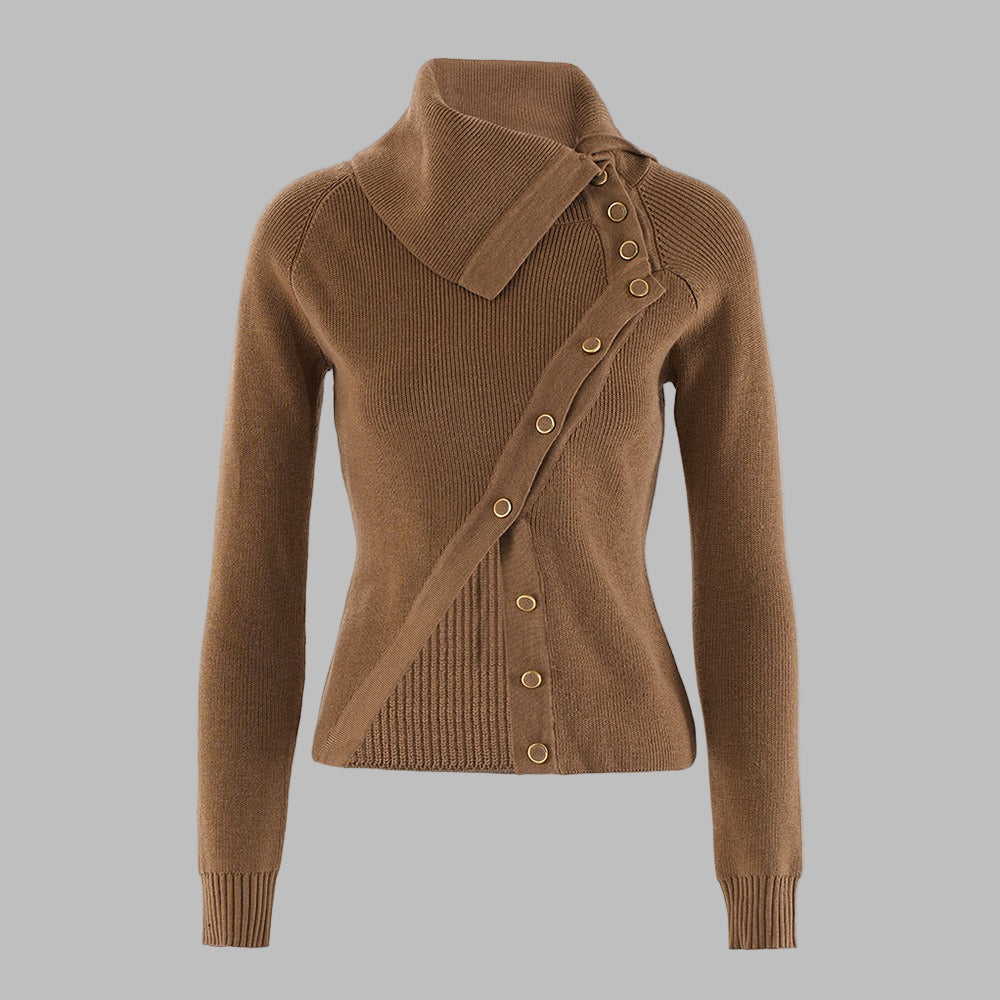 Women’s Knitwear Top – Slim Fit – Ribbed Wool Blend – Asymmetrical Collar & Buttons