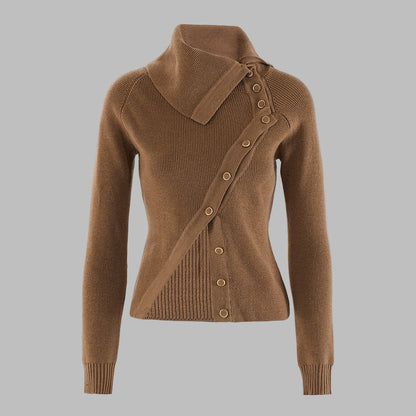Women’s Knitwear Top – Slim Fit – Ribbed Wool Blend – Asymmetrical Collar & Buttons