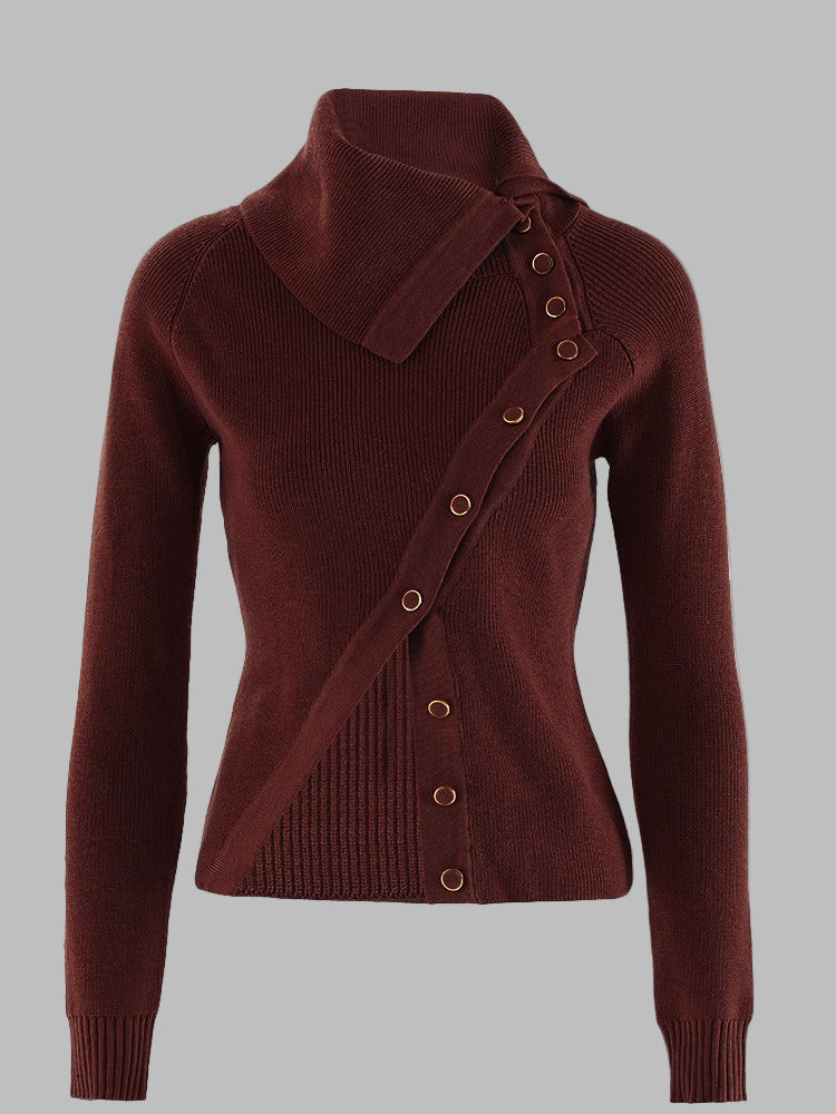 Women’s Knitwear Top – Slim Fit – Ribbed Wool Blend – Asymmetrical Collar & Buttons