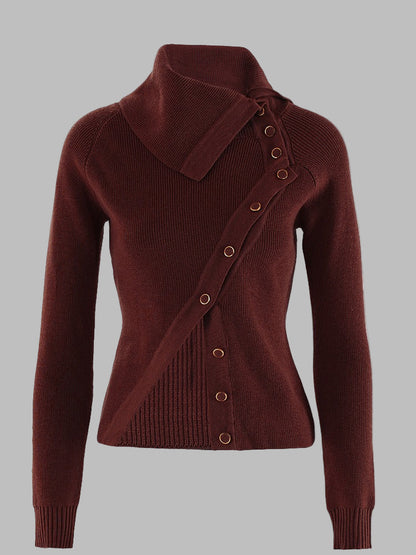 Women’s Knitwear Top – Slim Fit – Ribbed Wool Blend – Asymmetrical Collar & Buttons