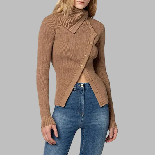 Women’s Knitwear Top – Slim Fit – Ribbed Wool Blend – Asymmetrical Collar & Buttons