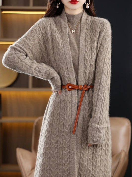 Women’s Long Cardigan – Wool Knit – Relaxed Fit – Cable Pattern – Belted Waist