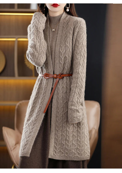 Women’s Long Cardigan – Wool Knit – Relaxed Fit – Cable Pattern – Belted Waist