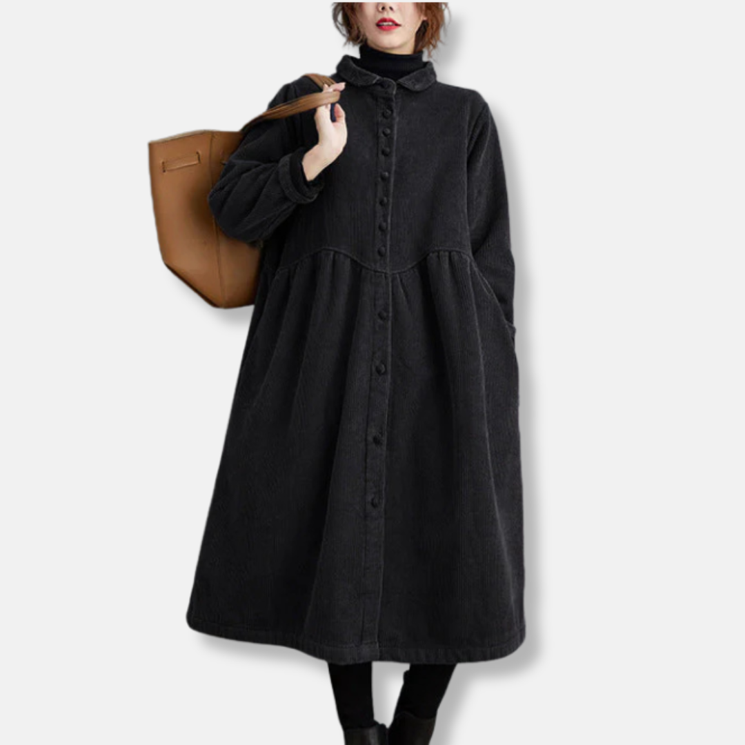 Women’s Long Coat – Corduroy A-Line – Loose Fit – High Neck – Button Front – Midi Length