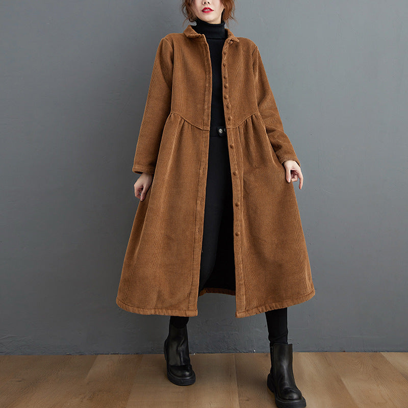 Women’s Long Coat – Corduroy A-Line – Loose Fit – High Neck – Button Front – Midi Length