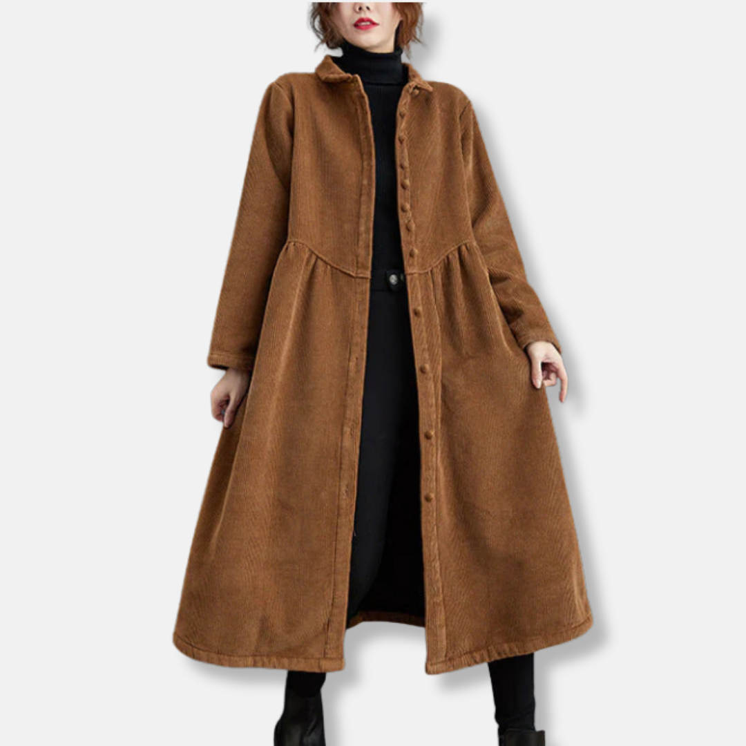 Women’s Long Coat – Corduroy A-Line – Loose Fit – High Neck – Button Front – Midi Length