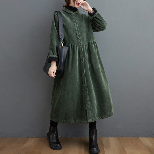 Women’s Long Coat – Corduroy A-Line – Loose Fit – High Neck – Button Front – Midi Length