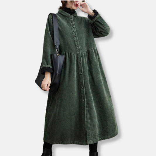Women’s Long Coat – Corduroy A-Line – Loose Fit – High Neck – Button Front – Midi Length