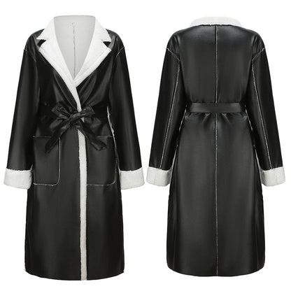 Women’s Long Coat – Oversized Fit – Wrap Style with Plush Trim and Tie Belt