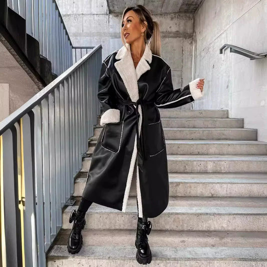 Women’s Long Coat – Oversized Fit – Wrap Style with Plush Trim and Tie Belt