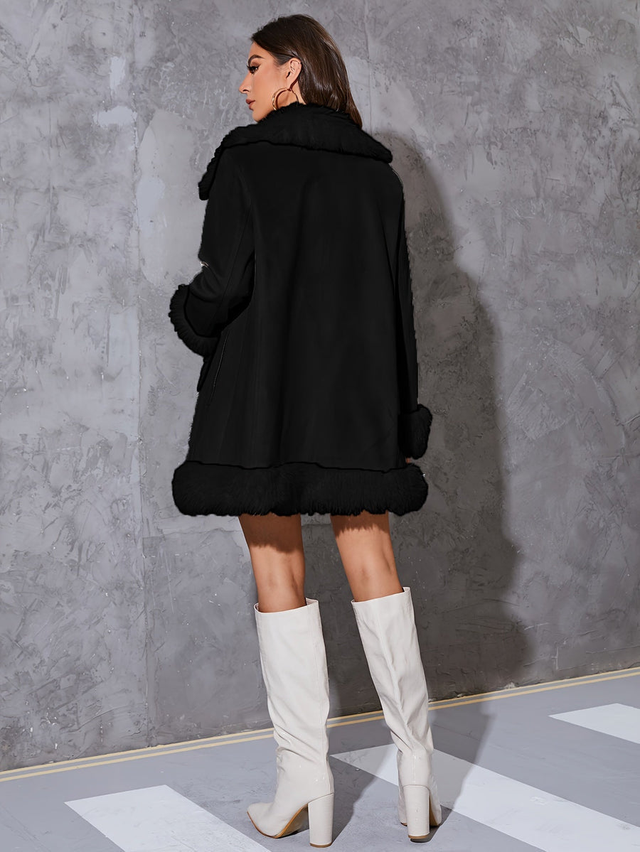 Women’s Long Coat - Relaxed Fit - Faux Fur Lining and Trim - Open Front Design