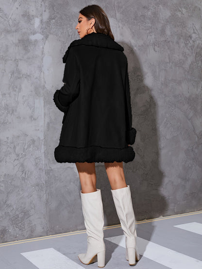 Women’s Long Coat - Relaxed Fit - Faux Fur Lining and Trim - Open Front Design