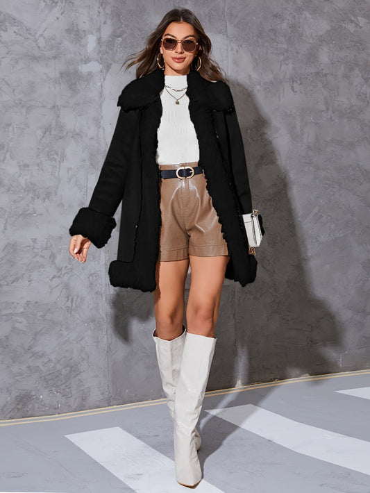 Women’s Long Coat - Relaxed Fit - Faux Fur Lining and Trim - Open Front Design