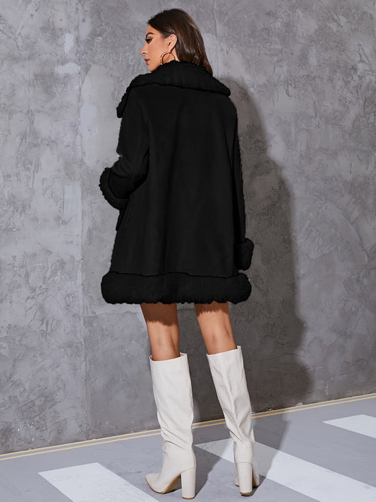 Women’s Long Coat – Relaxed Fit – Faux Fur Trim – Open Front Wool-Feel Design