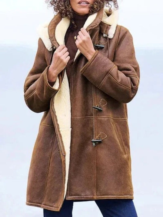 Women’s Long Coat – Relaxed Fit – Shearling Lined – Suede-Look Fabric – Hooded – Toggle Closure