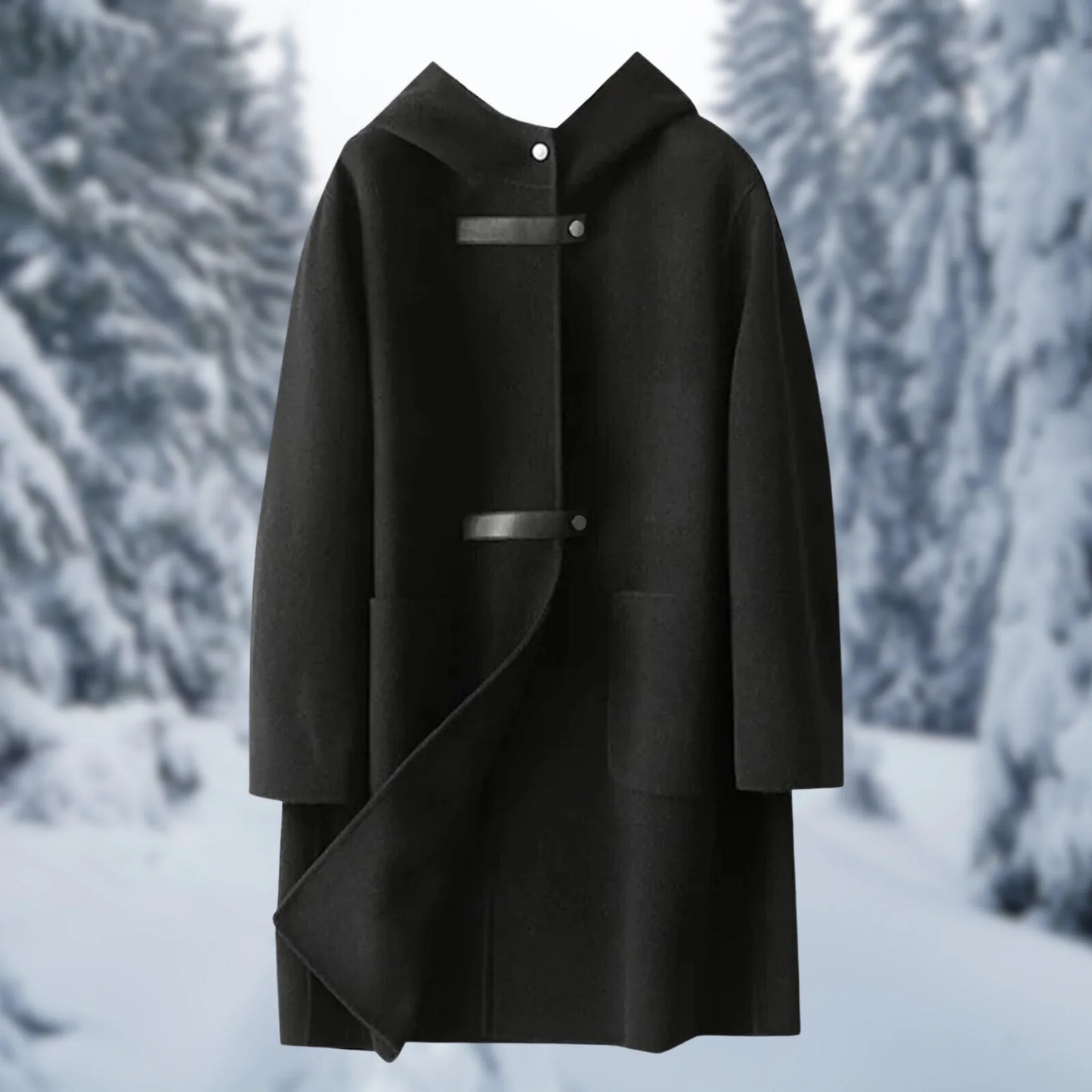Women’s Long Coat – Relaxed Fit – Wool Blend – Hooded – Snap Button – Double-Sided