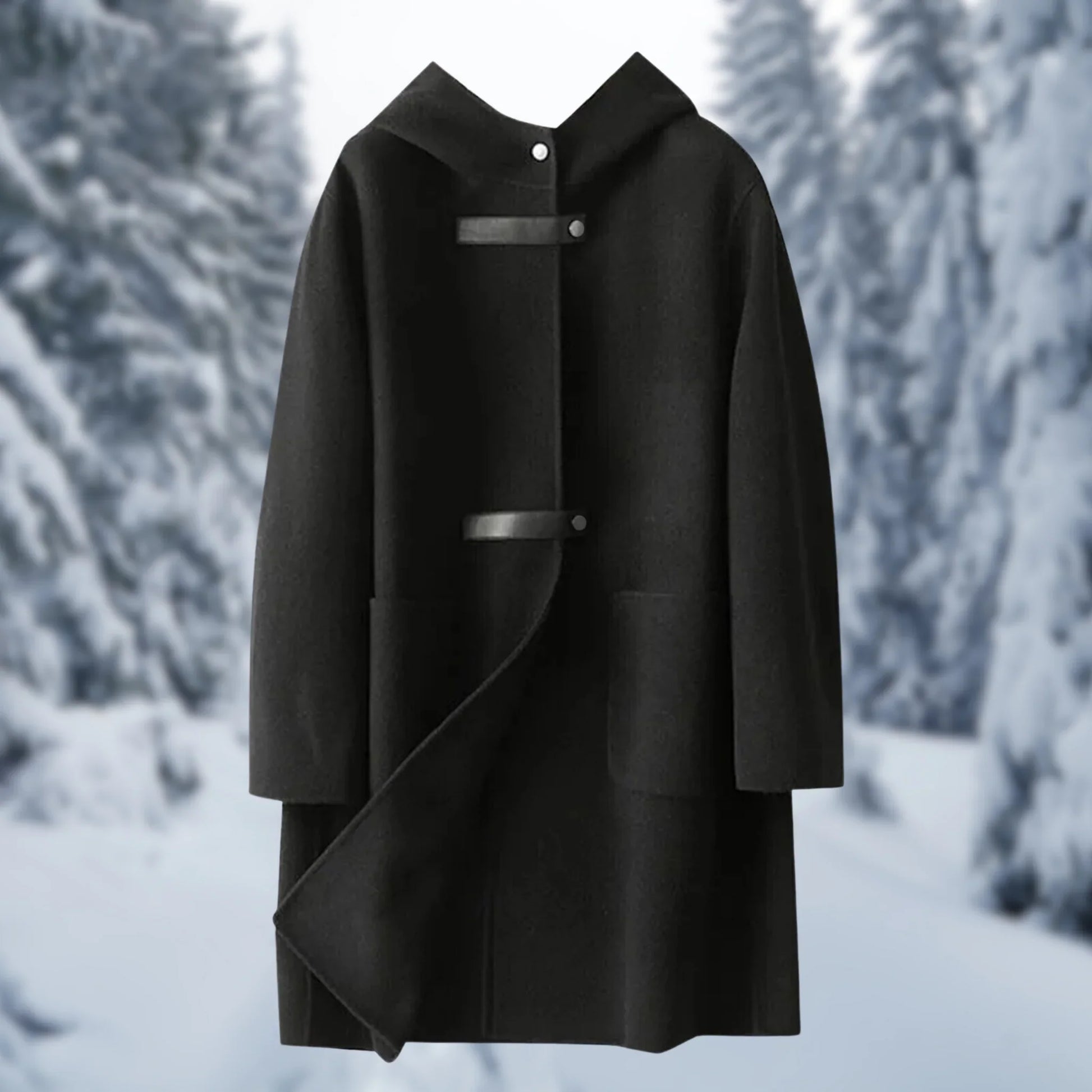 Women’s Long Coat – Relaxed Fit – Wool Blend – Hooded – Snap Button – Double-Sided