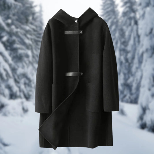 Women’s Long Coat – Relaxed Fit – Wool Blend – Hooded – Snap Button – Double-Sided