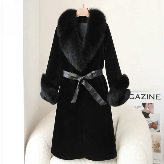 Women’s Long Coat – Slim Fit – Faux Fur Trim – Wrap Front – Self-Tie Belt