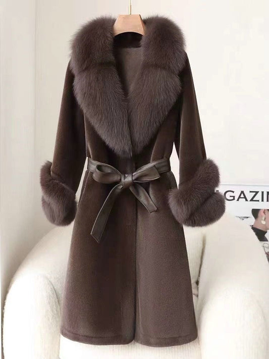 Women’s Long Coat – Slim Fit – Faux Fur Trim – Wrap Front – Self-Tie Belt