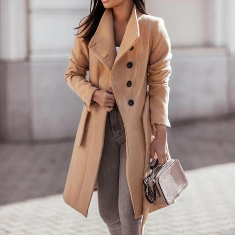 Women’s Long Coat – Wool Blend – Double-Breasted – Structured Fit – Formal Wear
