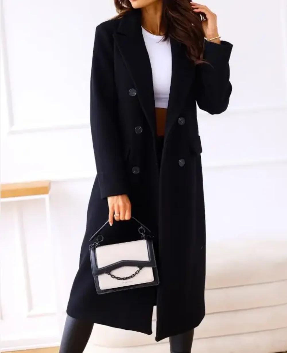 Women’s Long Coat – Wool Blend – Tailored Fit – Double-Breasted – Formal Style