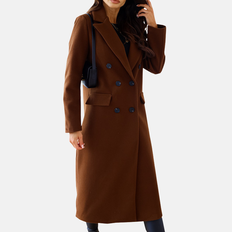 Women’s Long Coat – Wool Blend – Tailored Fit – Double-Breasted – Formal Style