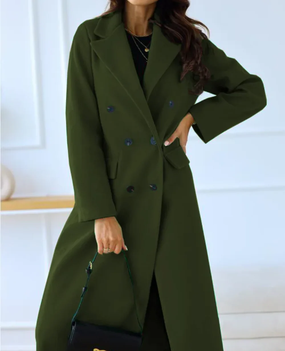 Women’s Long Coat – Wool Blend – Tailored Fit – Double-Breasted – Formal Style