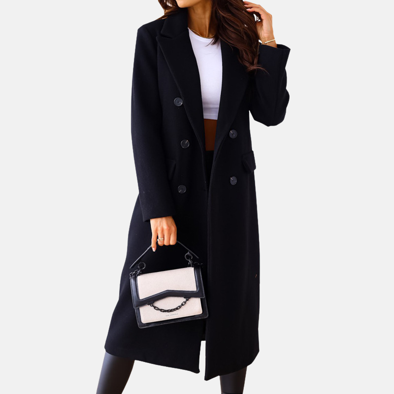 Women’s Long Coat – Wool Blend – Tailored Fit – Double-Breasted – Formal Style