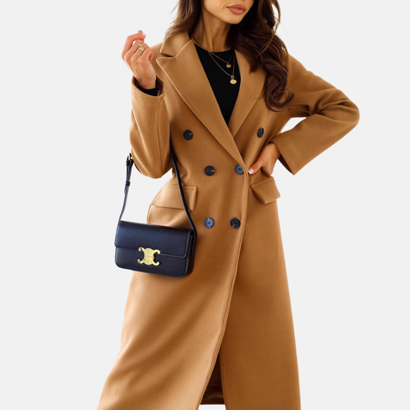 Women’s Long Coat – Wool Blend – Tailored Fit – Double-Breasted – Formal Style