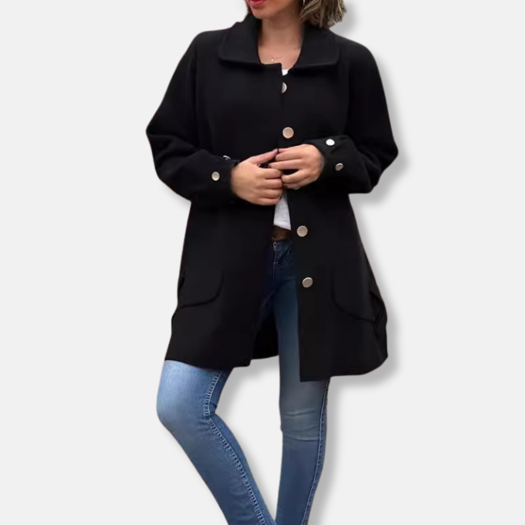 Women’s Long Coat – Wool Feel – Relaxed Fit – Single-Breasted with Decorative Buttons