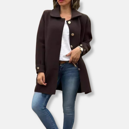 Women’s Long Coat – Wool Feel – Relaxed Fit – Single-Breasted with Decorative Buttons
