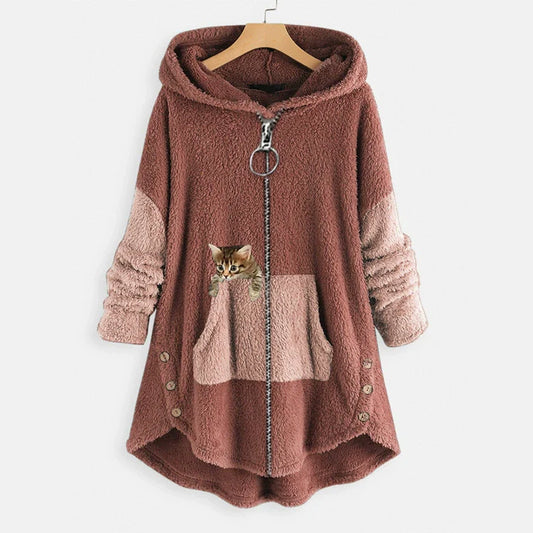Women’s Long Hooded Jacket – Oversized Fit – Plush Texture – Kangaroo Pocket – High-Low Hem