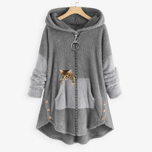 Women’s Long Hooded Jacket – Oversized Fit – Plush Texture – Kangaroo Pocket – High-Low Hem