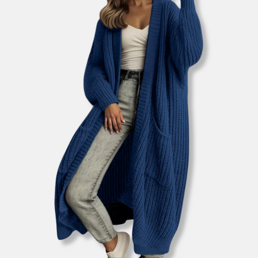 Women’s Long Knit Cardigan – Oversized Fit – Chunky Ribbed – Open Front with Pockets