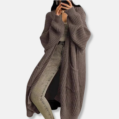 Women’s Long Knit Cardigan – Oversized Fit – Chunky Ribbed – Open Front with Pockets